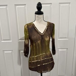 Like New | Brown Earthy Sheer Crinkle Half Sleeve V-Neck Top Blouse
